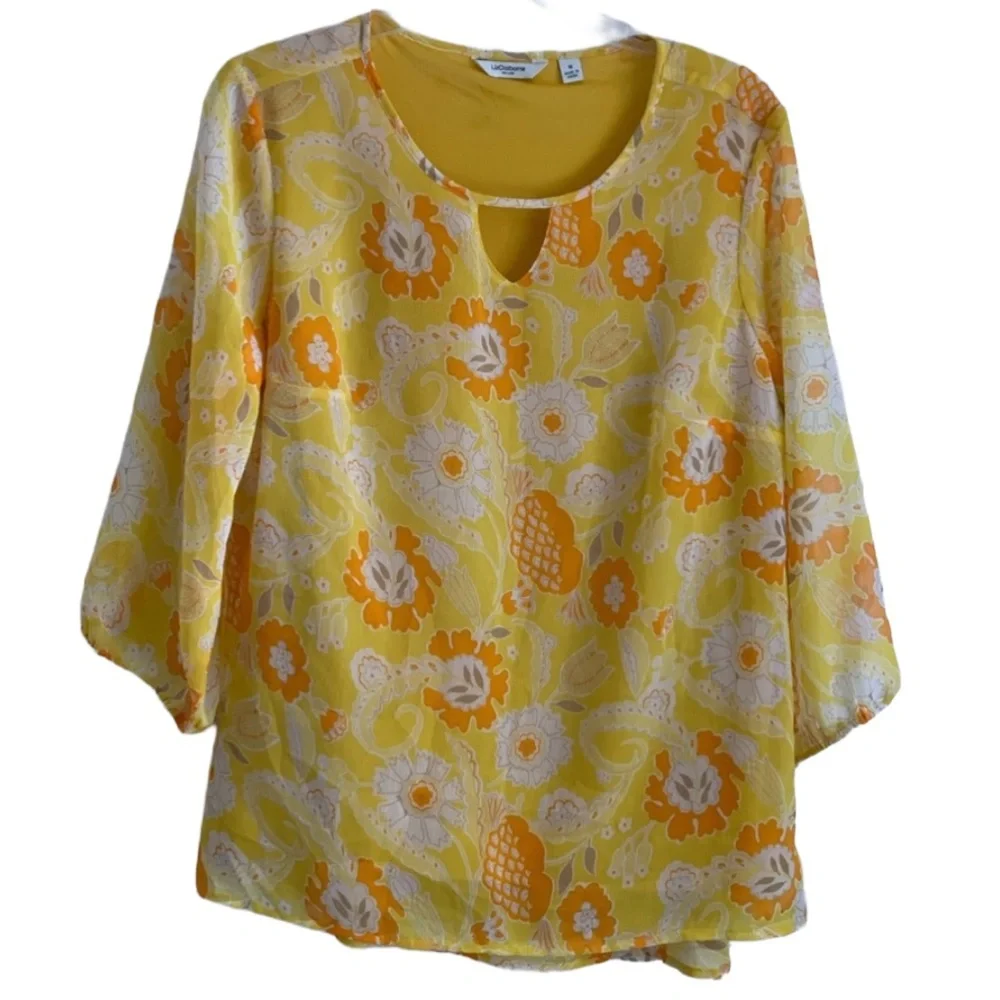 LIZ CLAIBORNE Women’s Yellow Floral Chiffon 3/4 Sleeve Blouse Shirt Size: Medium